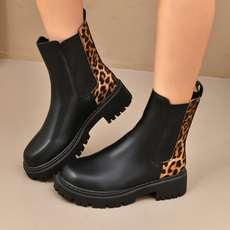 Platform Leopard Print Boots Women's Season Autumn New Retro Round Toe Splice Slip Platform Soft Sole Kitten Heels