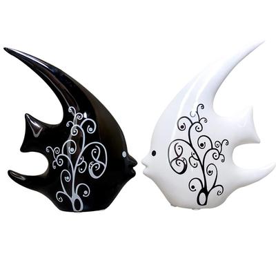 Modern Minimalist Black and White Love Fish Art Figure | Beautiful Home Decor- (Set of 2 Pc, Black & White)