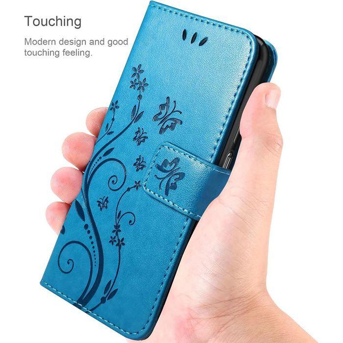 Coque de Protection - BOOLING - Samsung Galaxy A17 4G/5G - Effet Cuir Bleu Papillon Fleur - 2 Vitre