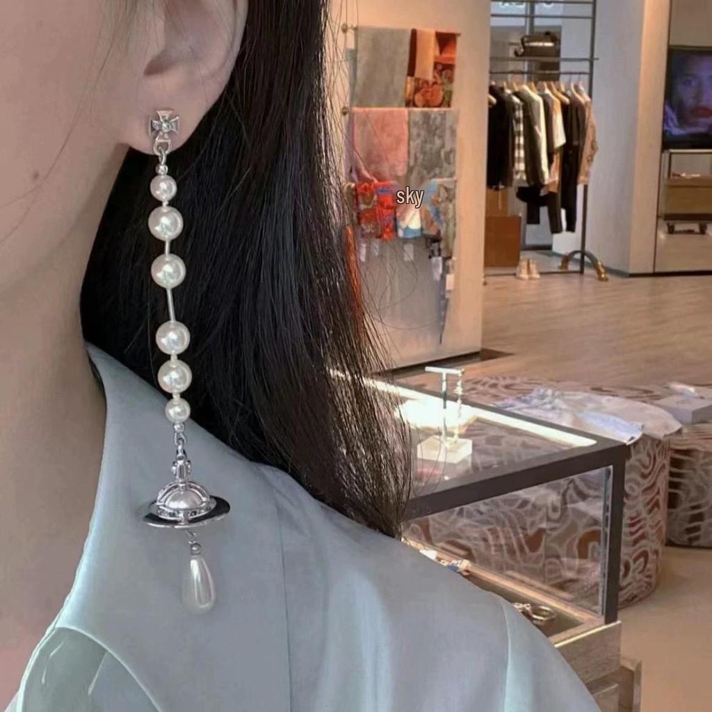 Empress Cixi Asymmetrical Saturn Pearl Tassel Earrings for Women