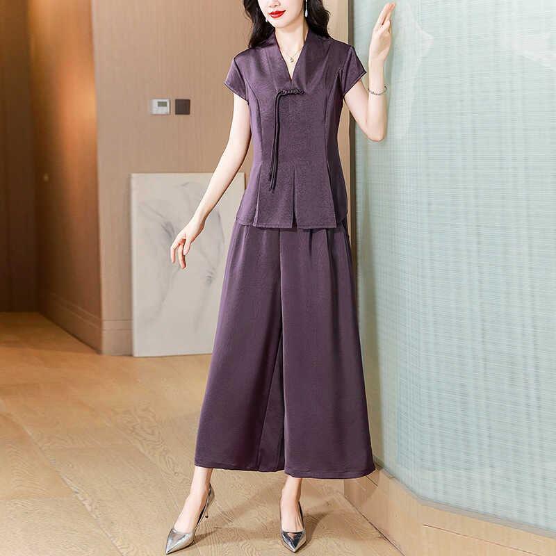 

Women s Summer Chinese Style Two-Piece Set: Short-Sleeved Top & Wide-Leg Pants for Middle-Aged Moms XL (90-105 lbs) фиолетовый
