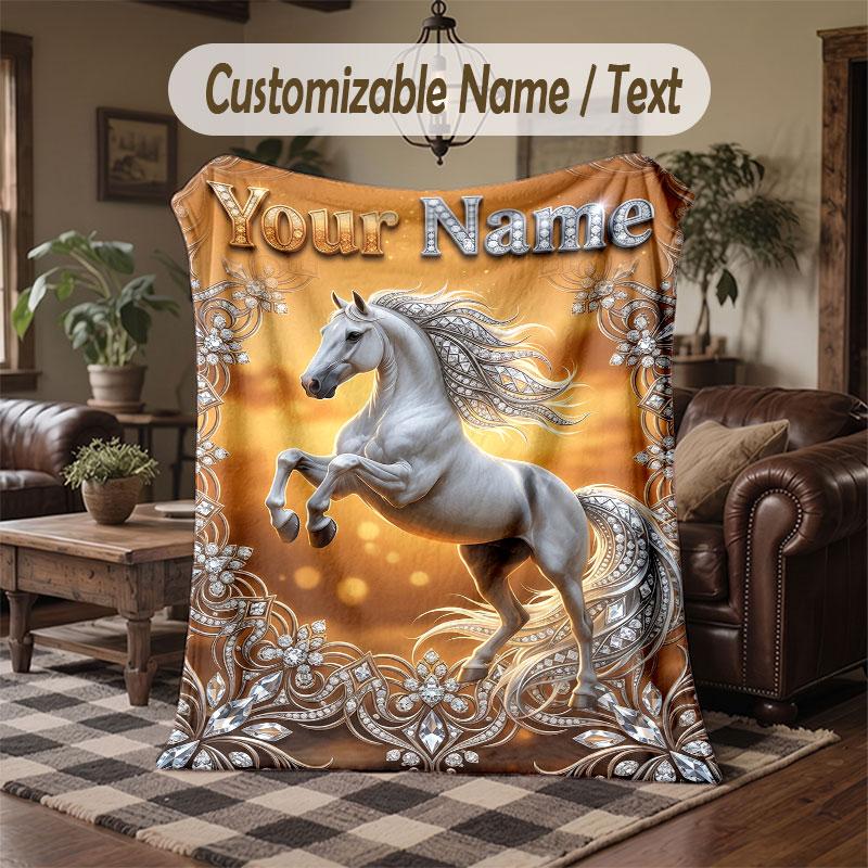 Horse Theme Throw Blanket Custom Name Text Personalized Blanket Soft Cozy Blanket for Home Sofa Bed