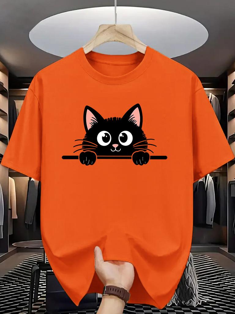 Cute Animal Unisex Short Sleeve Tshirt Peeking Black Cat Big Eyes Cartoon Print O Neck Tee Lovely Kitty Male Casual Fashion Tops