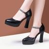 Fashion Genuine Leather Lady Pumps Thick Heel Shoes 7/9/11cm Super High Heel Waterproof Platform Womens Shoes Party Dress High Heels