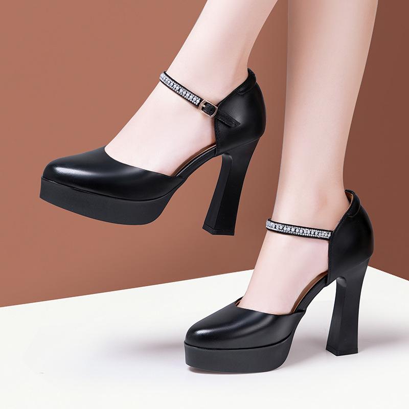 Fashion Genuine Leather Lady Pumps Thick Heel Shoes 7/9/11cm Super High Heel Waterproof Platform Womens Shoes Party Dress High Heels