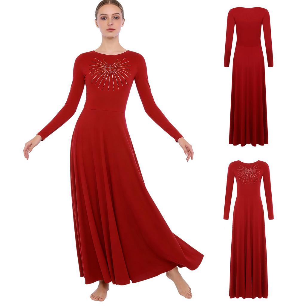 S-XXL Dámské liturgické lyrické taneční šaty Přední kamínky Dlouhý rukáv Kulatý výstřih Liniové maxi tuniky pro kostelní sbor, bohoslužby, modlitební akce