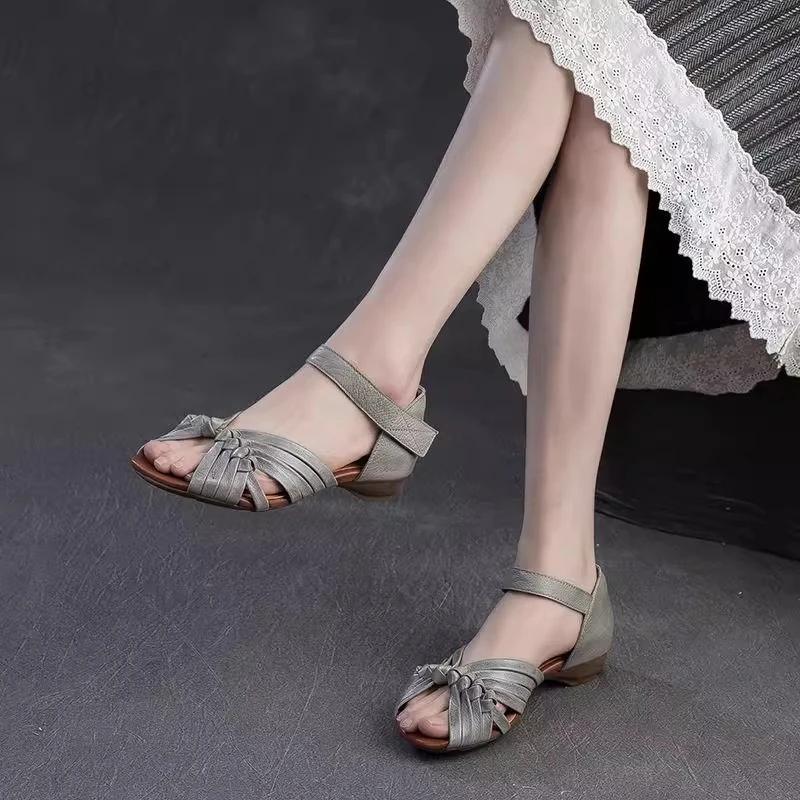 2025 Summer New Peep Toed Sandals women Hollowed Out Hand Woven Flat Sandals Leather Retro Low Heel