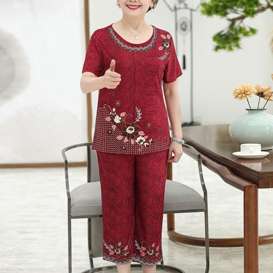 Conjunto de Duas Peças Feminino de Seda Gelada para Primavera Verão, Gola Redonda, Manga Curta + Calças, Conjunto Esportivo Casual