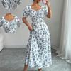 Ruffle Edge Dress Women Puff Sleeves Printed Slim Fit Spring Summer Size S-XXL