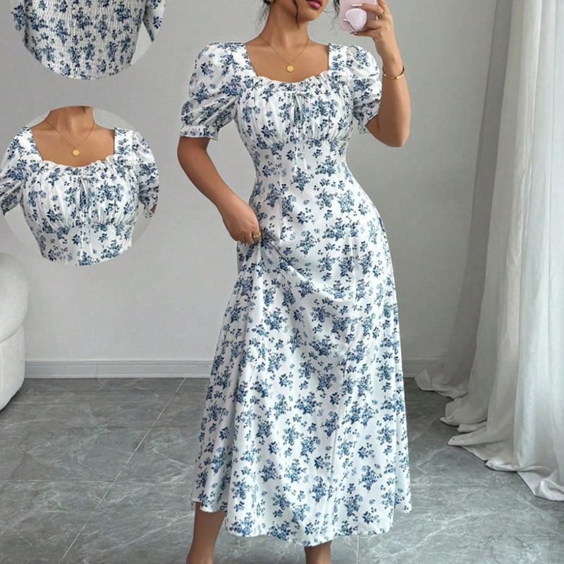 Ruffle Edge Dress Women Puff Sleeves Printed Slim Fit Spring Summer Size S-XXL