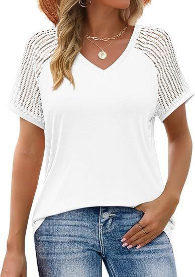 2026 European and American Cross-border Women s Loose Hollow Mesh Patchwork V-neck Short-Sleeve Top S белый