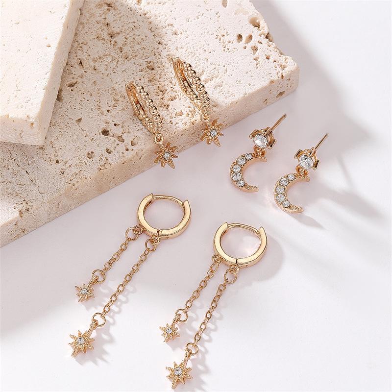 Star and Moon Chain Tassel Earrings - Hexagram Personality Fashion Zircon Earring Set for Women's Ear Pendants