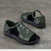 Johnature Genuine Leather Peep Toe Flat Sandals Vintage Solid Color Soft Sole Comfortable Versatile Women Shoes