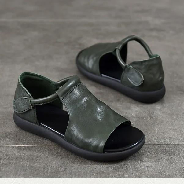 Johnature Genuine Leather Peep Toe Flat Sandals Vintage Solid Color Soft Sole Comfortable Versatile Women Shoes