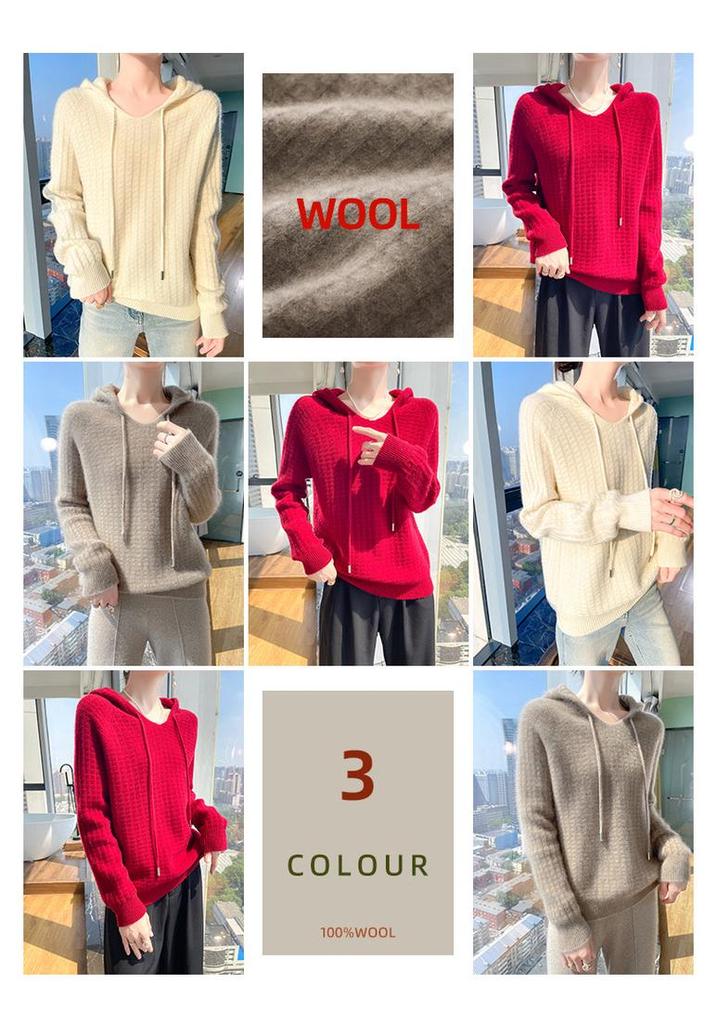 Women's Hooded Pure Wool Knit Hoodie - Autumn/Winter Soft Fluffy Loose Style