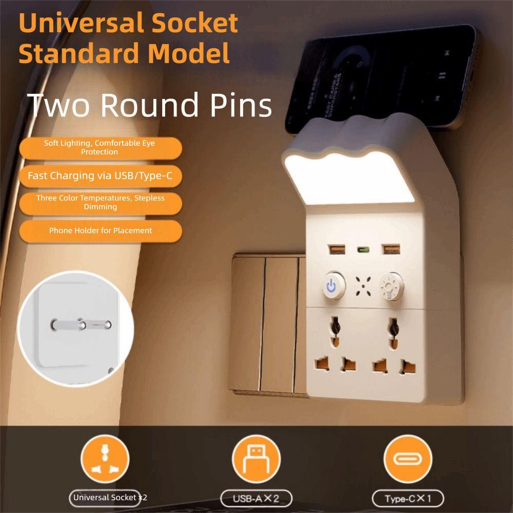 Universal Socket Night Light Socket Converter Warm White LED 1Type C & 2USB-A Plug in Night Light 3 Level Brightness Adjustable