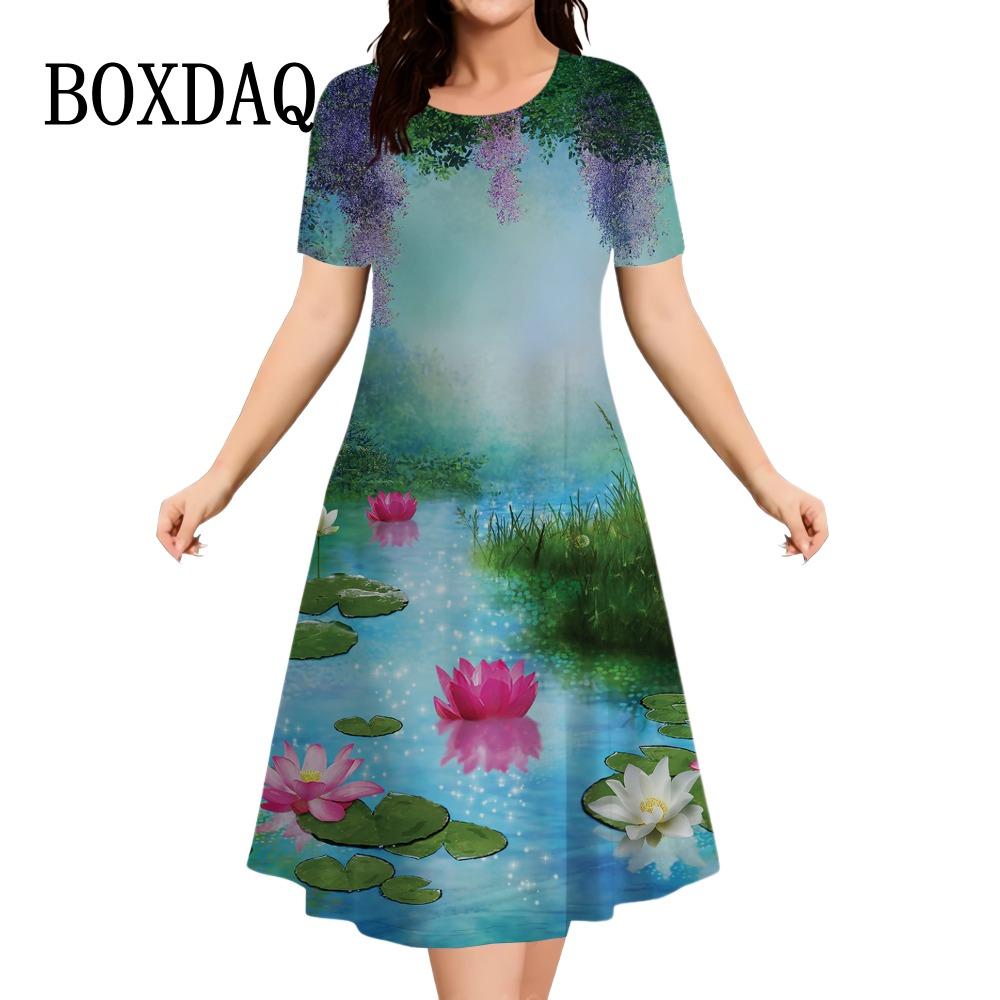 

3d Lotus Print Dress Women 2026 Summer Loose Natural Landscape Dress Short-sleeved Casual Floral O-neck Women s Dress S