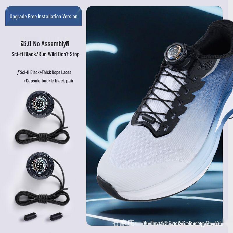 Forgatható gombos lusta fűző nélküli sport futócipő vastag fekete-fehér fűzővel