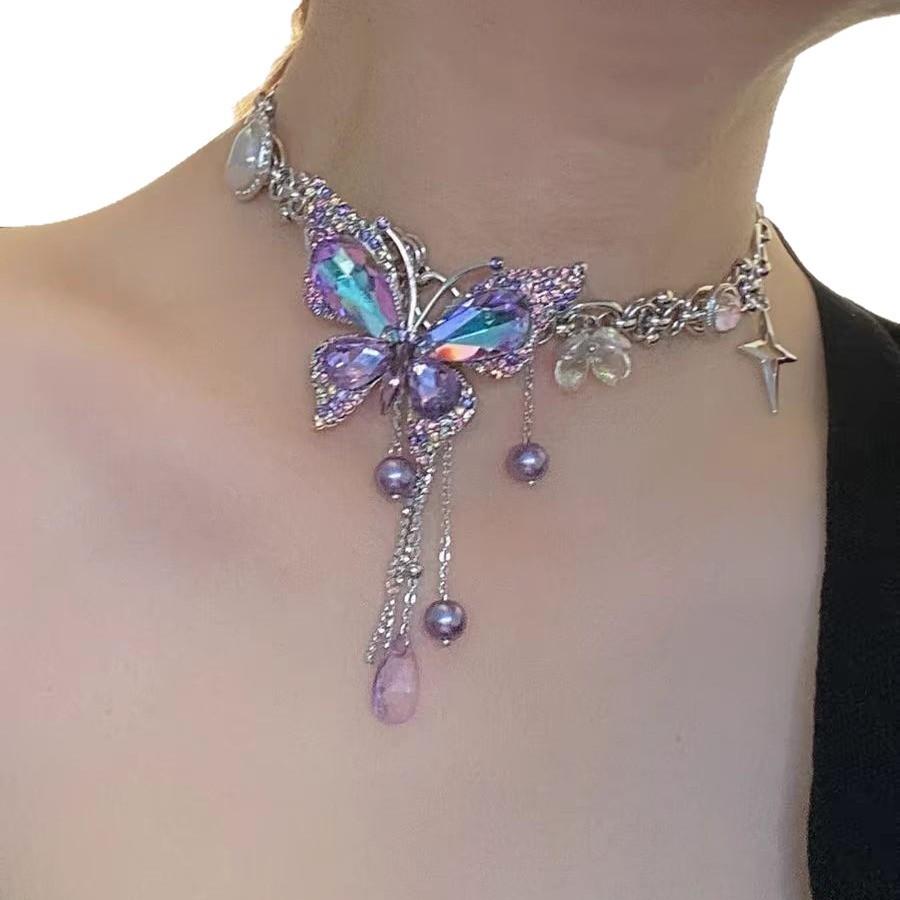 European and American Purple Diamond Butterfly Fringed Chain Necklace Women's Fashion Temperament High Sense Versatile Niche Design Collarbone Chain