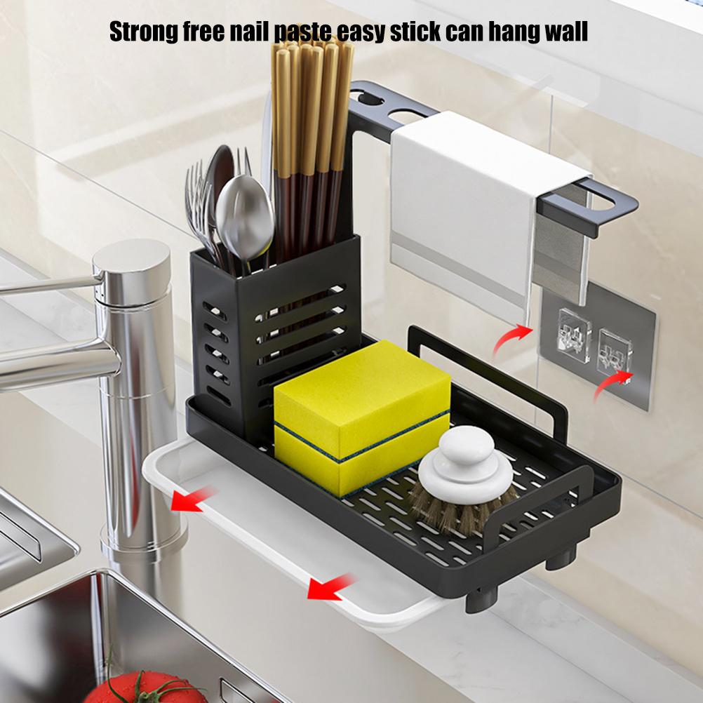 Kitchen Sink Caddy Organizer 304 Stainless Steel Sponge Soap Brushes Dispenser Holder with Rag Rack