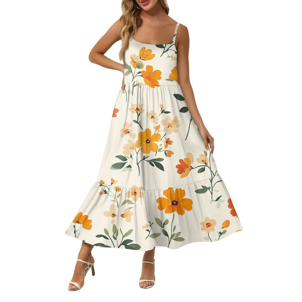 Women's Long Beach Casual Elegant Spaghetti Strap Maxi Dress Stitching Low-key Flowing Bohemian Dress