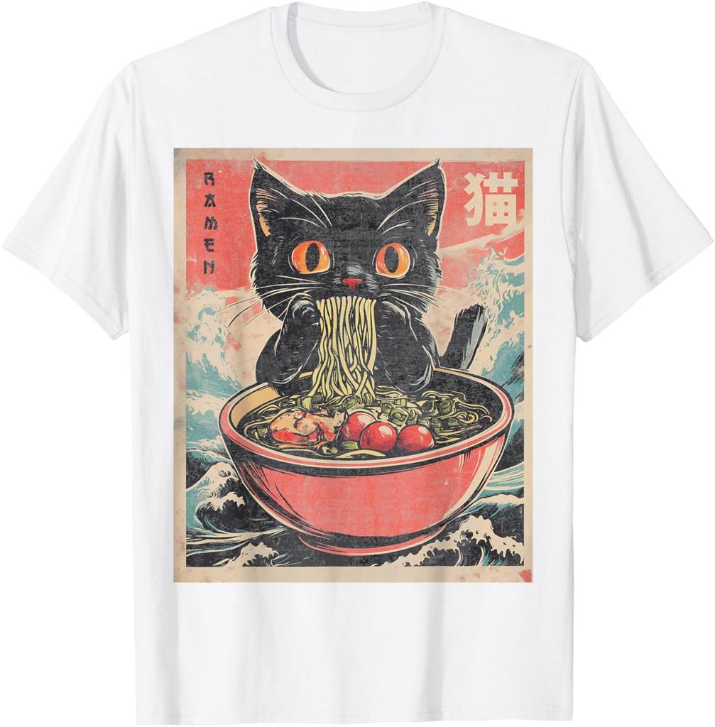 Unisex Anime Katze Ramen Japanisch Lustige Grafik T-Shirts Kawaii Katze Anime Geschenke Damen Kleidung Kurzarm Rundhals T-Shirt 33056