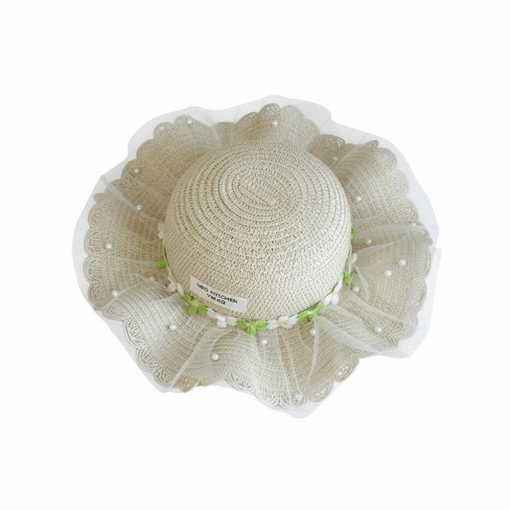 Wide Brim Children Sun Hat Pearl Decoration Breathable Material Sun Hat Straw Material Lace Trim Shoulder Bag Girls Accessories