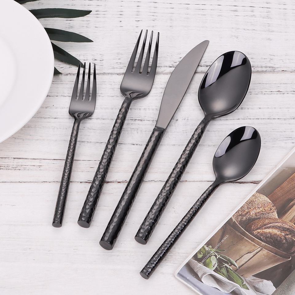 5/10/15/20Pcs Gold Heavy Cutlery Sliver Dinner Set Stainless Steel Tableware Mirror Western Hammer Pattern Handle Knife Fork