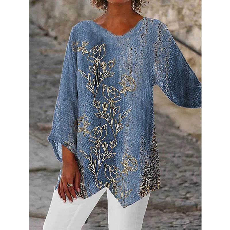 Spring Summer V-neck Printing Fashion Women Blouse New Casual Loose Irregular Top T-shirt Large Size Simple Elegant Office Shirt Women's Clothing