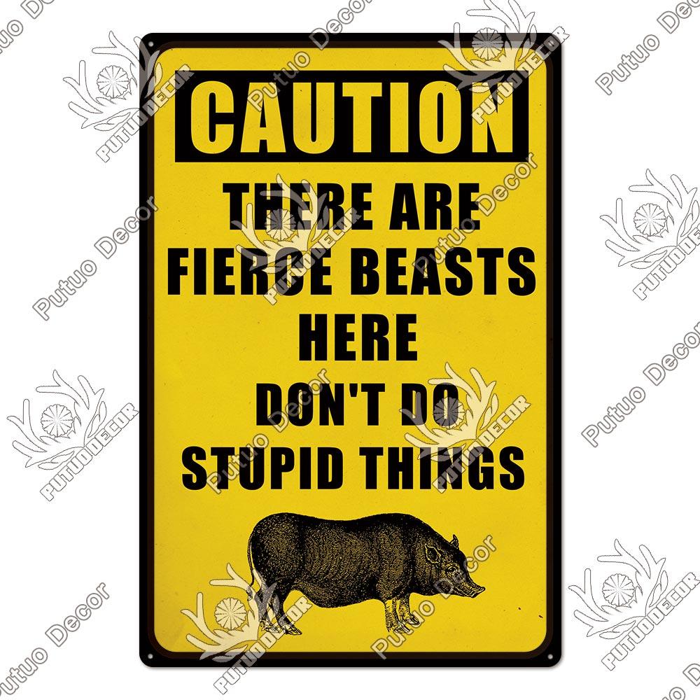Putuo Decor Warning Tin Sign Vintage Metal Sign Pig Caution Plate Warning Decorative for Zoo Piggy Farm House Wall Decor