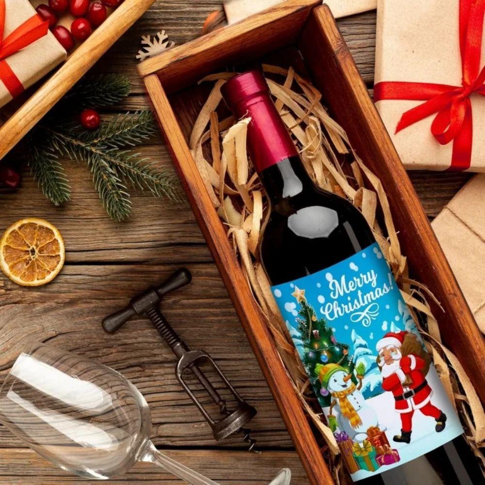 Santa Claus Xmas Tree Red Wine Bottle Paper Label DIY Wine Bottle Cover Bar