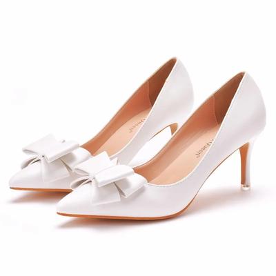 Women Pumps Party Prom Pointed Toe Butterfly Knot Slip-On PU 7CM Thin Heels Office Work Office Lady Fashion Women Shoes White