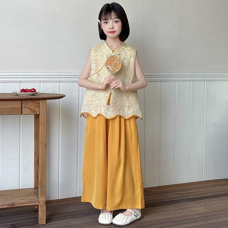 Girl's Mid Size Summer Suit Vest Embroidered Wide Leg Pants Fashion Set