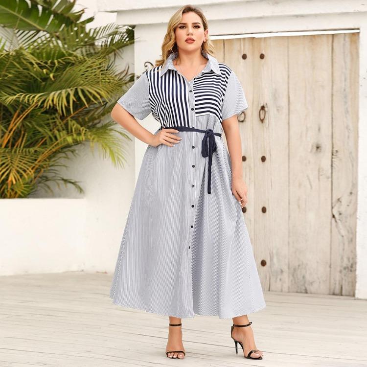 

Summer Striped Short Sleeve Tie Shirt Dress for Plus Size Women XL 2XL 3XL 4XL 3XL серый