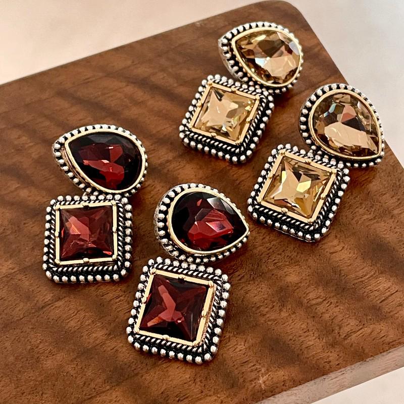 Vintage Crystal Patchwork Water Drop Geometric Rhinestone Earrings for Women