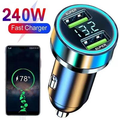 66W Car Charger Dual QC Fast Charging Adapter with Digital Display Blue Metal Design
