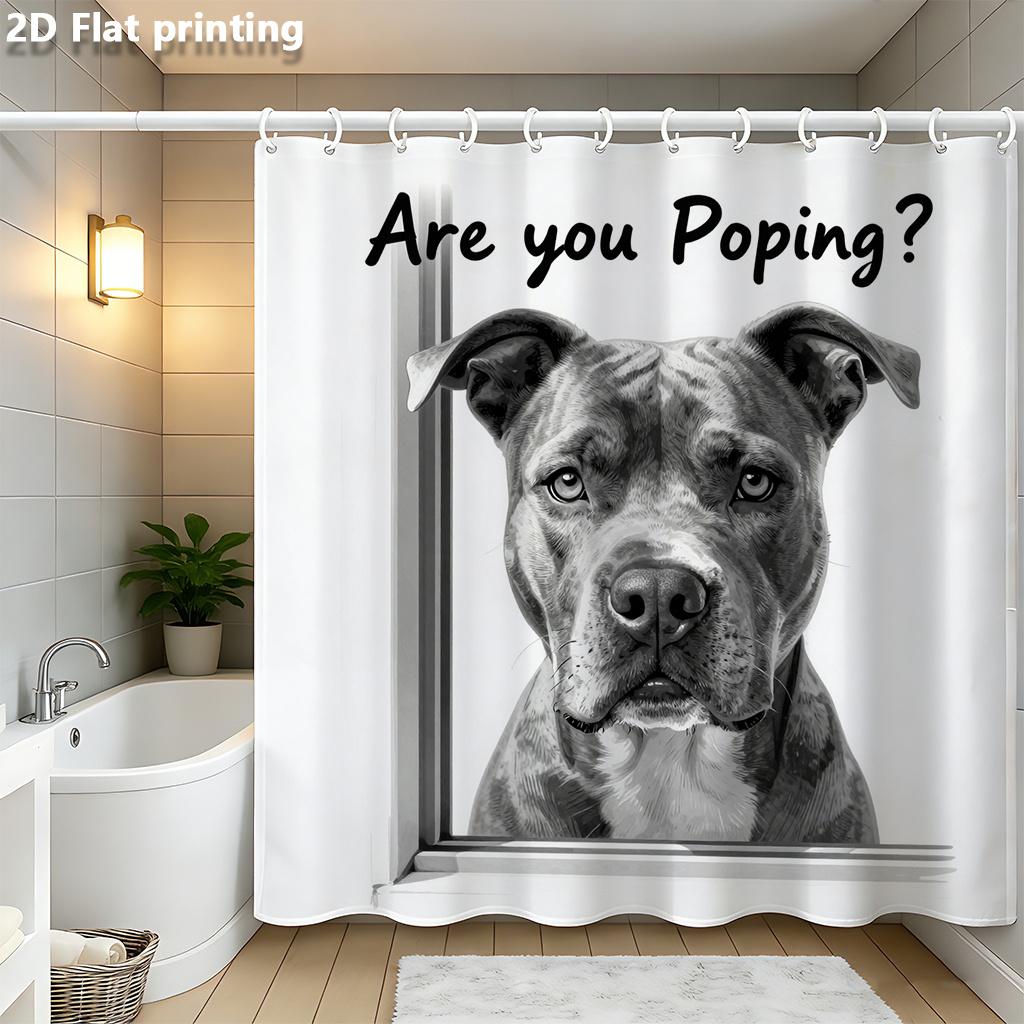 Are You Popping? Dog Portrait Shower Curtain 1Pc Polyester 70.8X70.8 Black & White Pitbull Illustration On White Base W60H190(CM)-1 Pcs