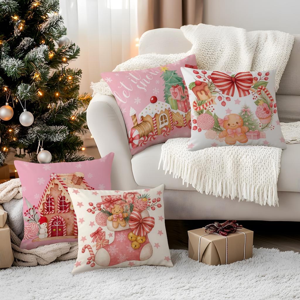 Pink Christmas Gingerbread Man Pillowcase Bedroom Sofa Cushion Cover 100% Polyester Living Room Cushion Pillowcase Home Decor