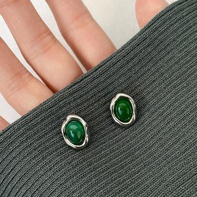 New Chinese Style Cool Green Agate Oval Stud Earrings Women'S Retro Light Luxury Elegant Personality Temperament Earrings Earrings