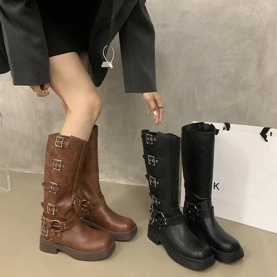 Fashion Square Toe Women Western Cowgirl Boots Fashion Belt Buckle Knight Long Booties Autumn Winter Female Low Heel Shoes