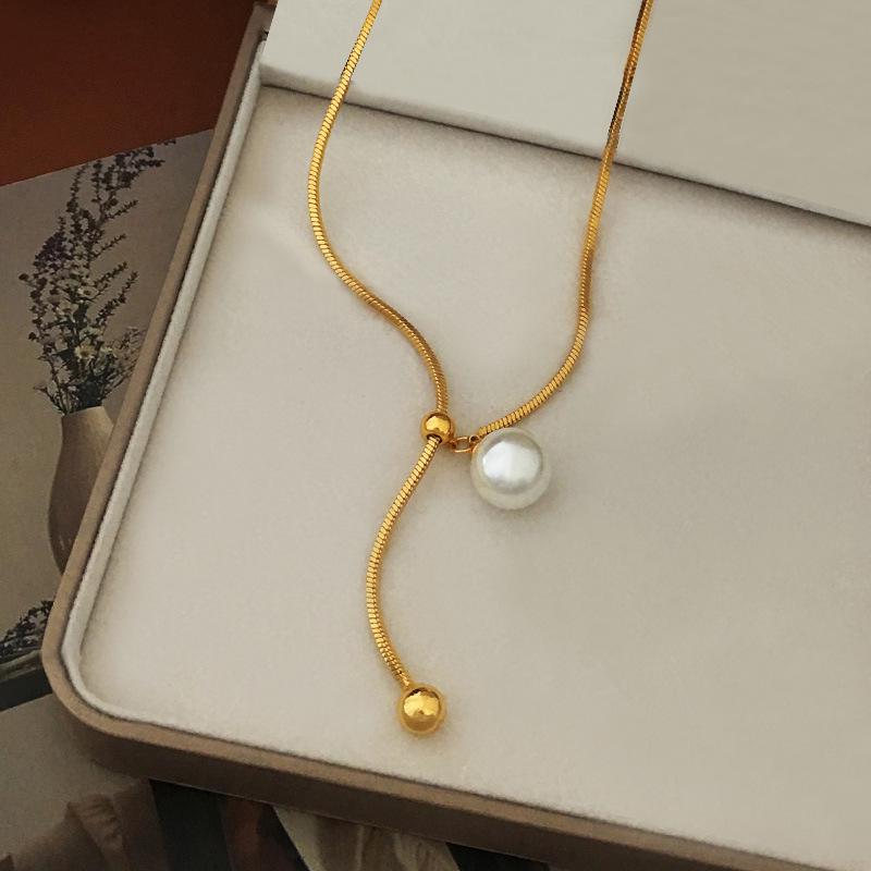 

Минималистичная жемчужная цепочка для свитера с позолоченным медным покрытием: Элегантное, Ретро, Регулируемое Ожерелье 2163