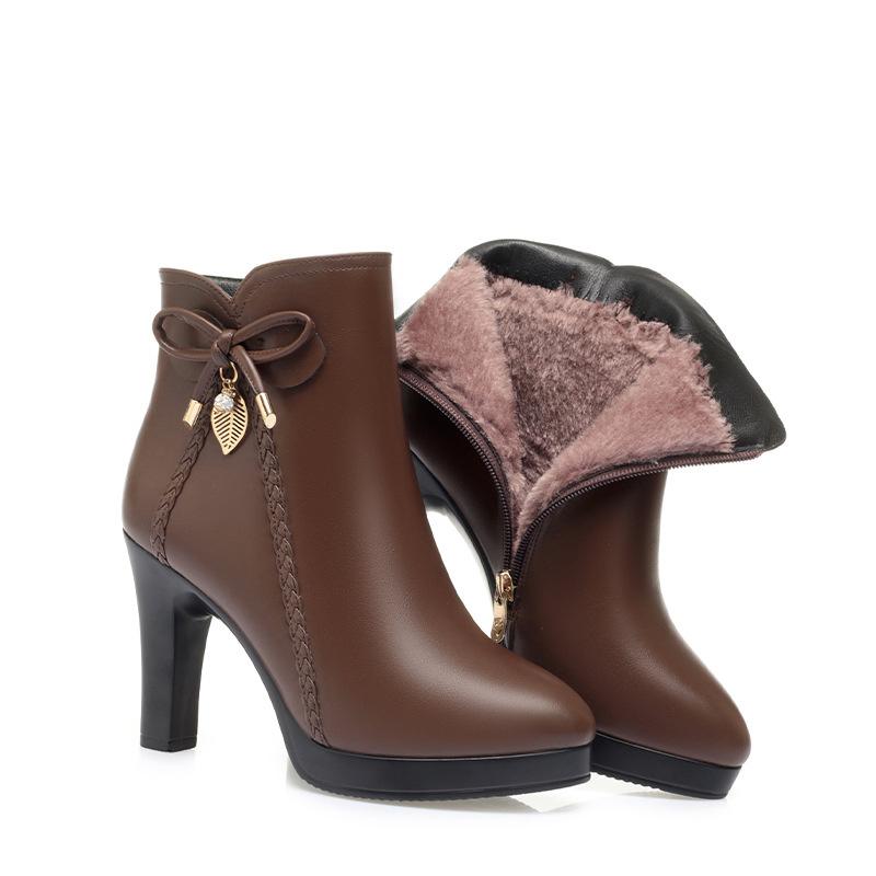 Μπότες με Ψηλό Τακούνι από Βελούδο Πλούσιο Φθινόπωρο Χειμώνας Νέα Γυναικεία Βαμβακερά Παπούτσια Φερμουάρ Μαύρο Αδιάβροχο Χοντρό Τακούνι Μονό Κοντό Παπούτσι