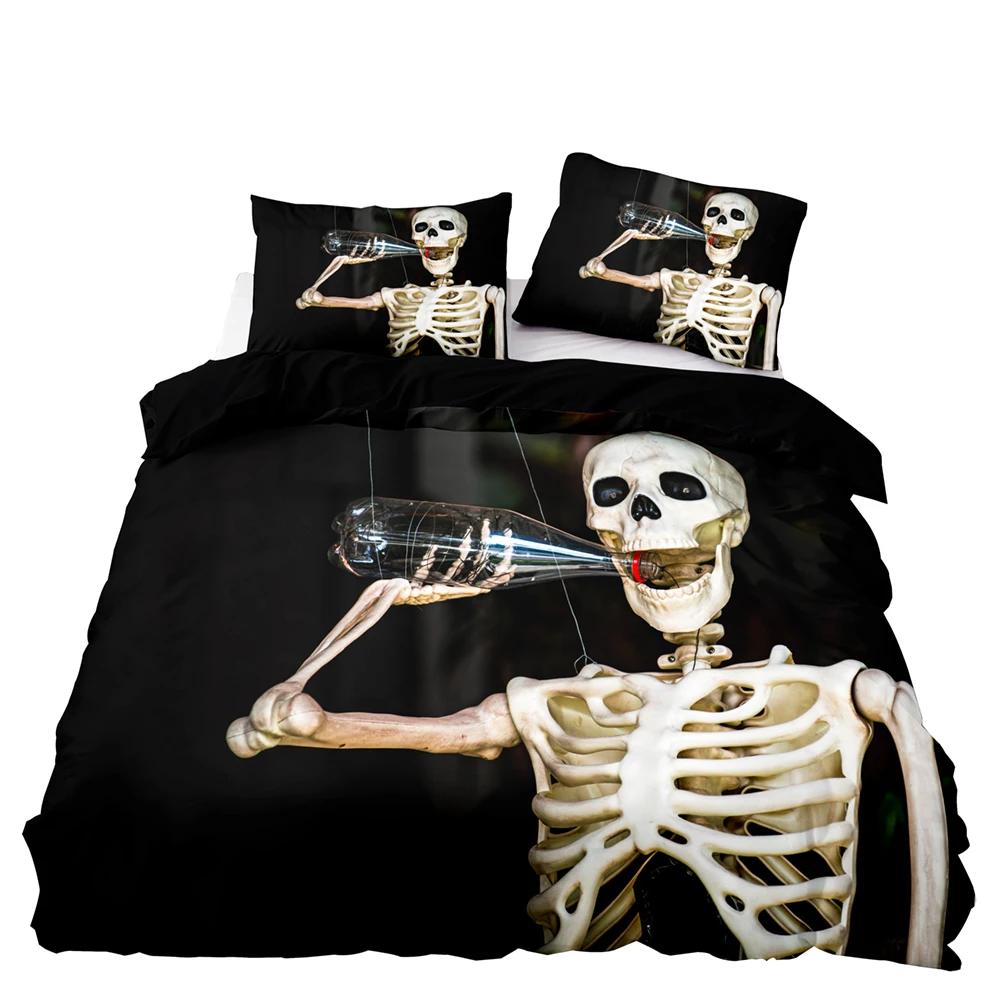 3D Skull Bedding Set King Queen Size Funny Skeleton Smoking Pattern Duvet Cover With Pillowcase Halloween Black Comforter Cover