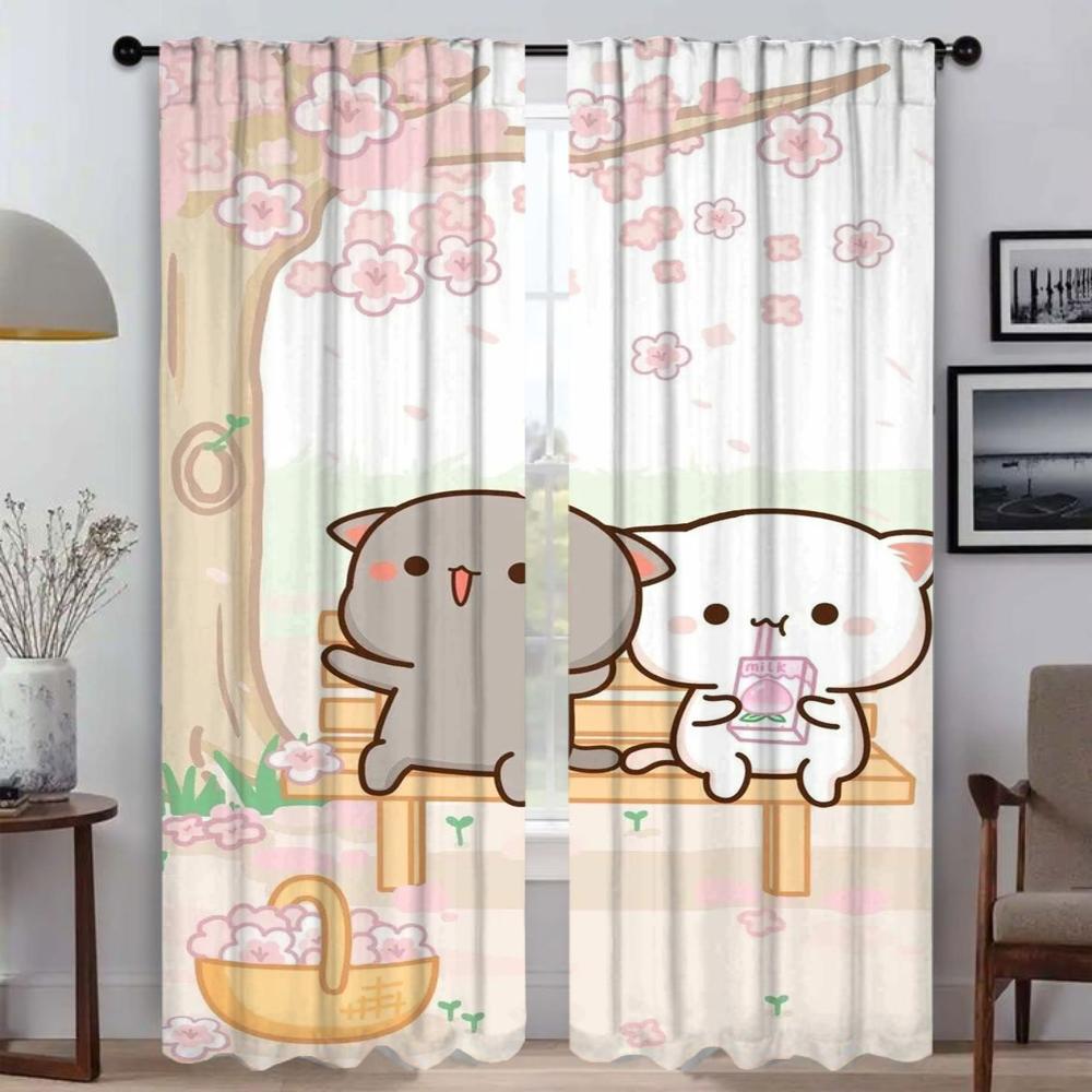 Zasłony Kuchenne 2 Sztuki Brzoskwiniowy Kot Mochi Zasłona do Salonu Tiul do Sypialni Dekoracja Halloween Zasłony do Wnętrza Domu