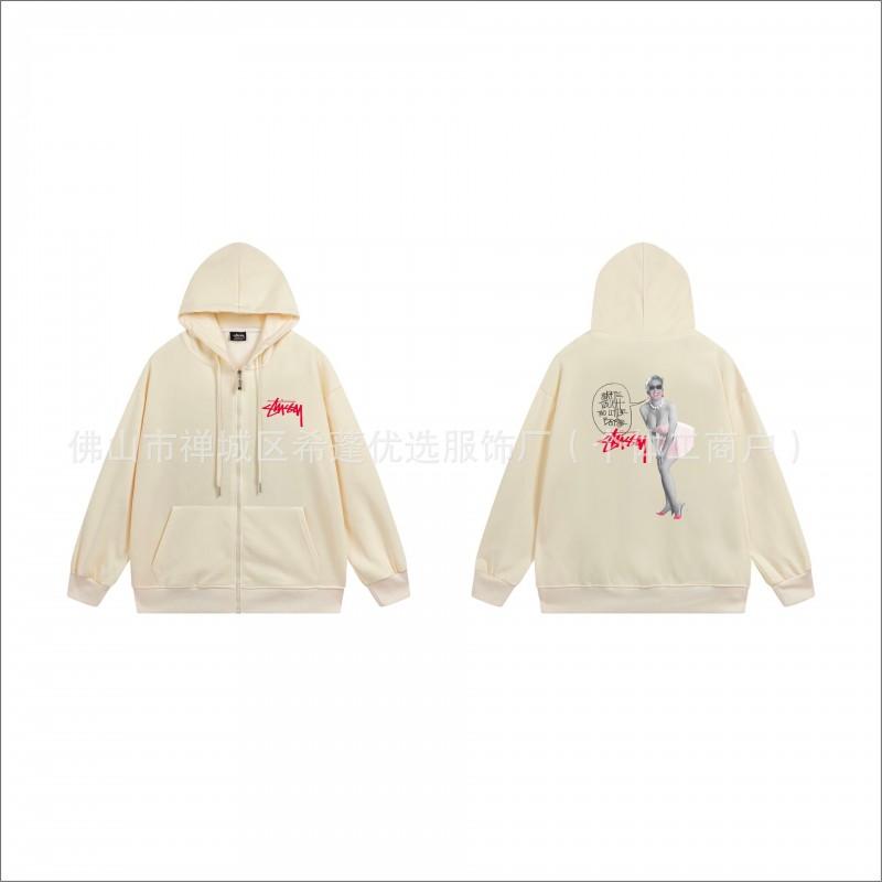 Hooded Zip-Up Sweatshirt Men Women Letter Print Loose Fit Casual Streetwear