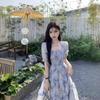 Vintage Square Collar Floral Dress Women's Summer Mori Waist Slimming Long Skirt with Wood-ear Edge