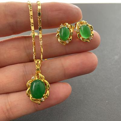 24k Gold Plated Emerald Pendant Necklace Earring Zircon Set For A Woman's Engagement Gift