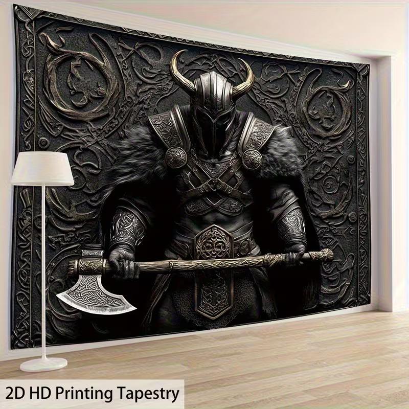Arazzo Cavaliere Asse Vichingo Gotico 2D, Guerriero con Motivo Norreno Celtico, Arte da Parete per Arredamento Soggiorno e Man Cave