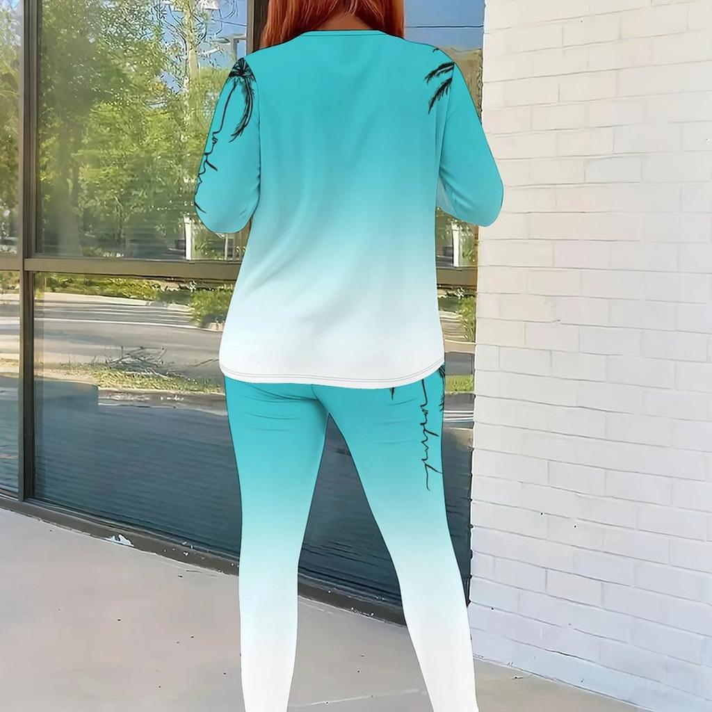 Women Plus Size Two Piece Set Round Neck Long Sleeve Top Fitted Pants Cartoon Printed Colorful Outfit