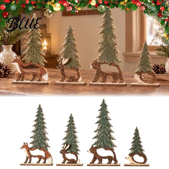 Lightweight Wood Holiday Ornaments 4Pcs Christmas Forest Friends Wooden Tabletop Decor Vintage Animal & Pine Natural Grain Statues Tree Figurine